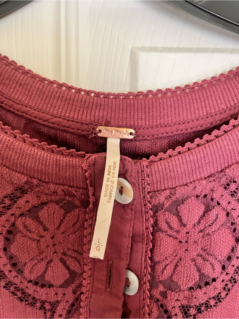 Free People Dusty Rose Lace-Trim Button Down Crop Top - Picture 6 of 8